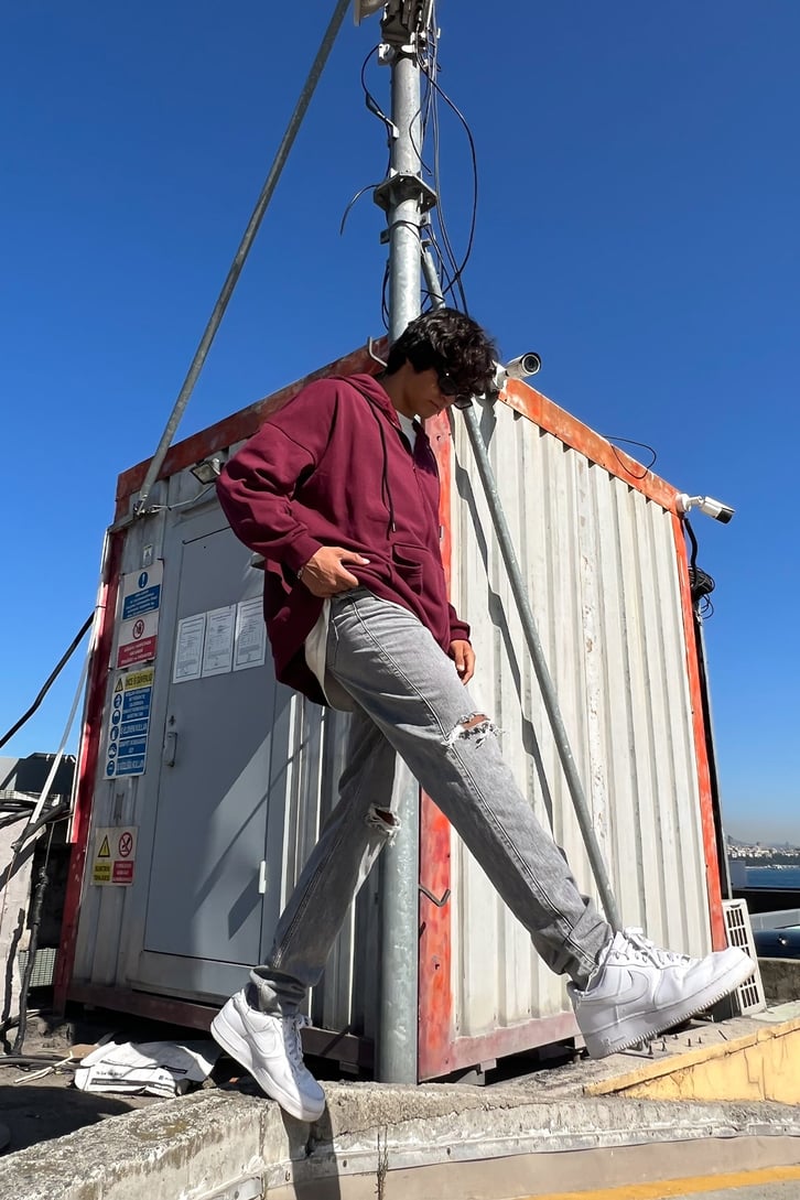 Basic Fermuarlı Bordo Sweatshirt
