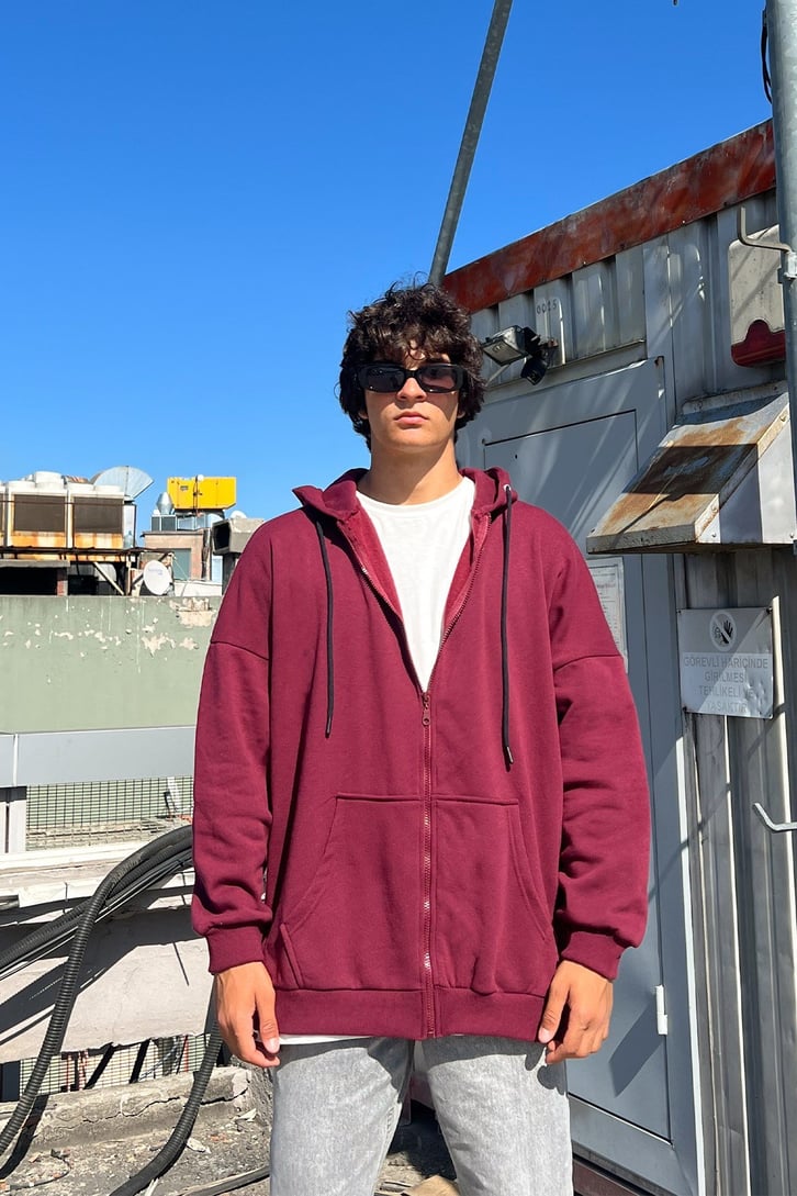 Basic Fermuarlı Bordo Sweatshirt