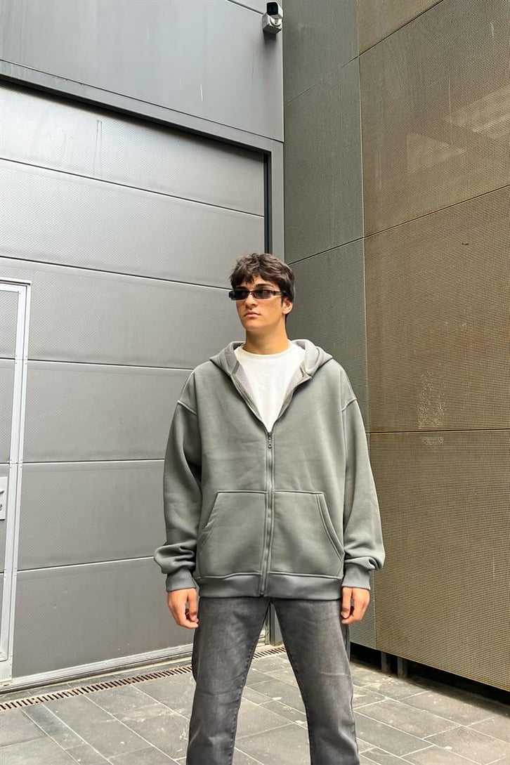 Basic Fermuarlı Füme Oversize Hoodie