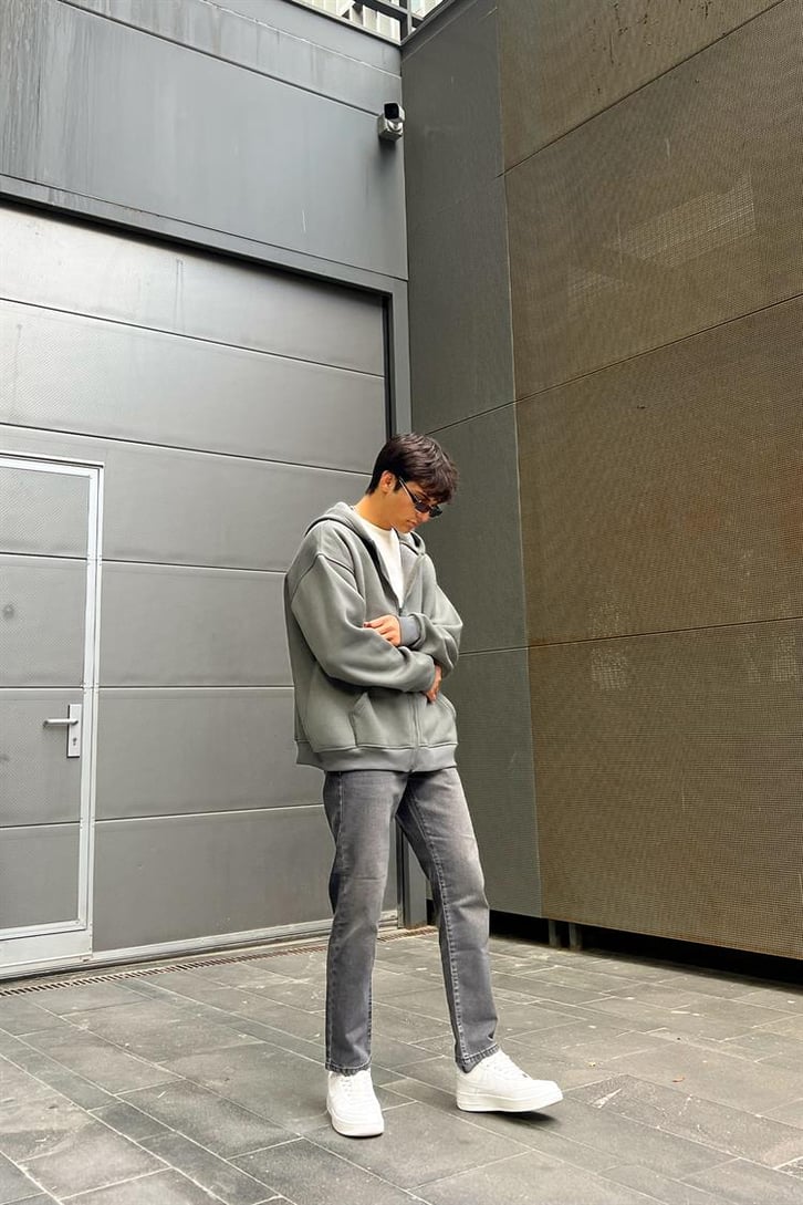 Basic Fermuarlı Füme Oversize Hoodie