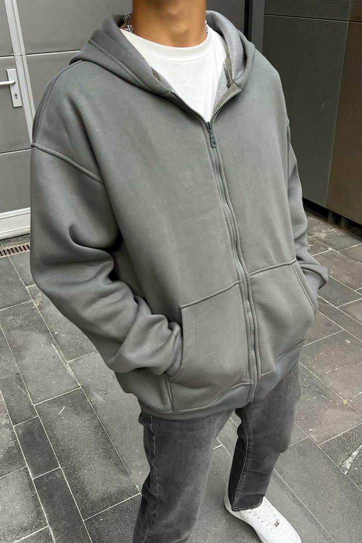 Basic Fermuarlı Füme Oversize Hoodie