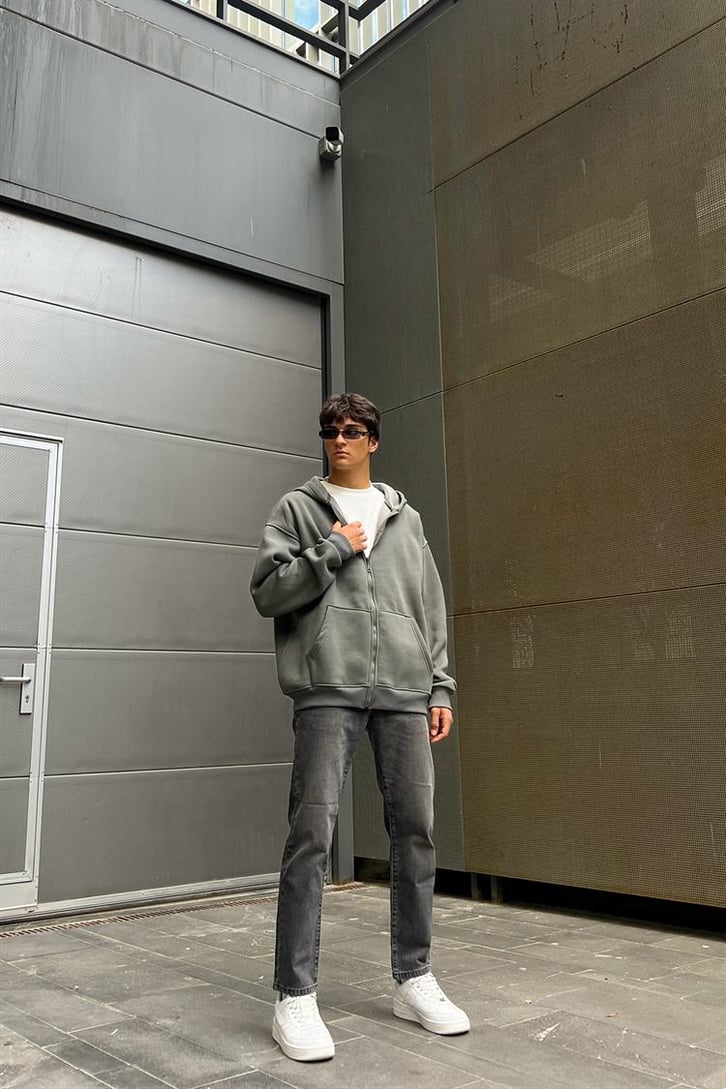 Basic Fermuarlı Füme Oversize Hoodie