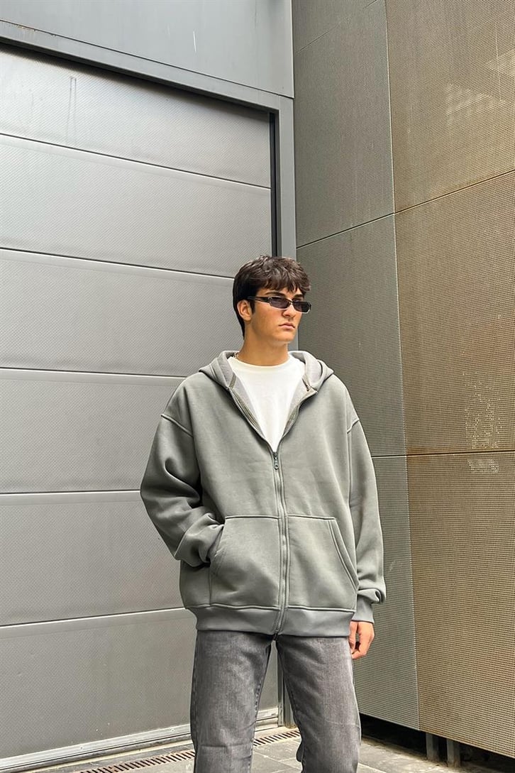 Basic Fermuarlı Füme Oversize Hoodie