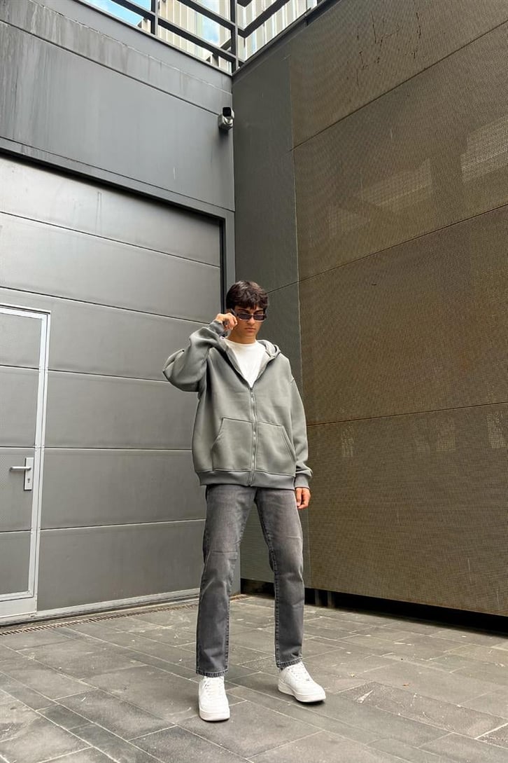 Basic Fermuarlı Füme Oversize Hoodie