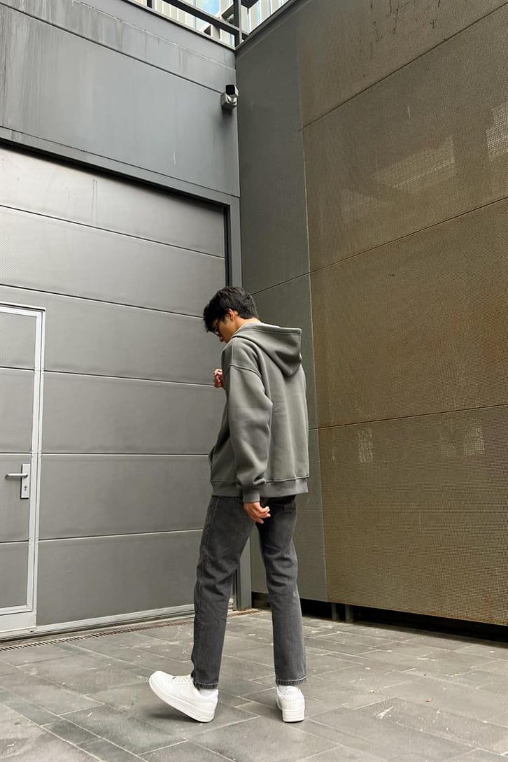 Basic Fermuarlı Füme Oversize Hoodie