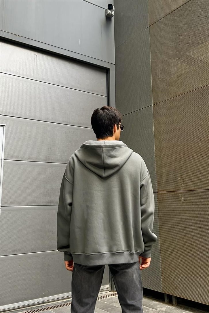 Basic Fermuarlı Füme Oversize Hoodie