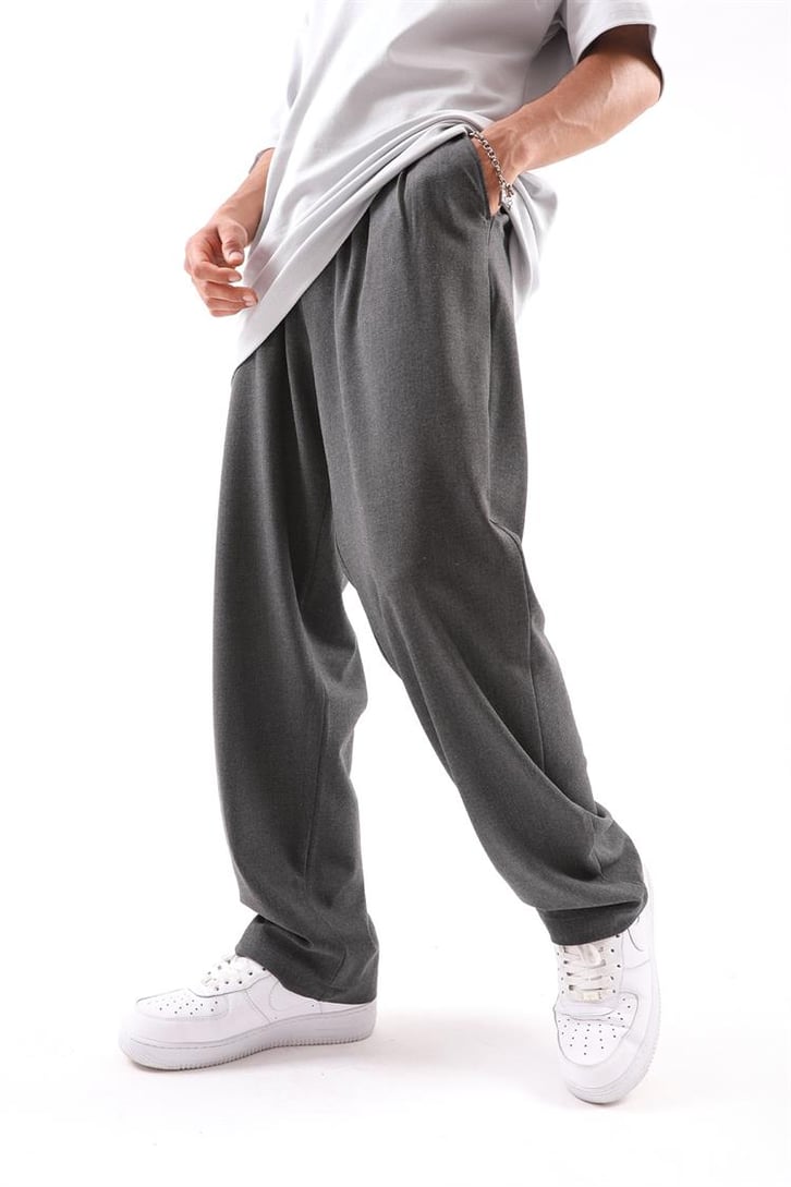 Basic Füme Beli Pileli Baggy Kumaş Pantolon