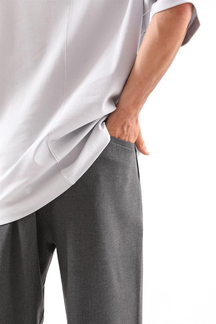 Basic Füme Beli Pileli Baggy Kumaş Pantolon