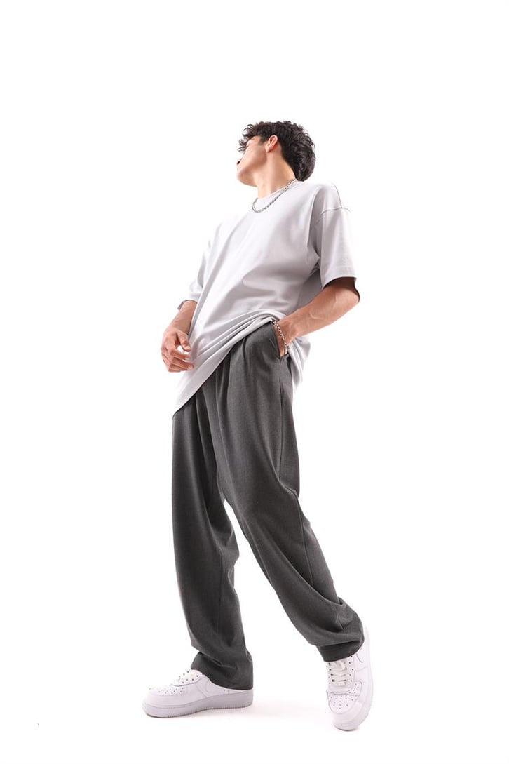 Basic Füme Beli Pileli Baggy Kumaş Pantolon