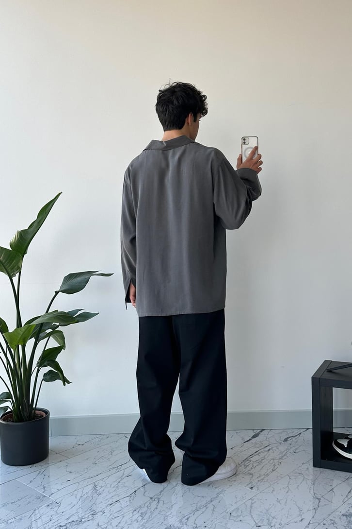Basic Füme Uzun Kol Oversize Gömlek