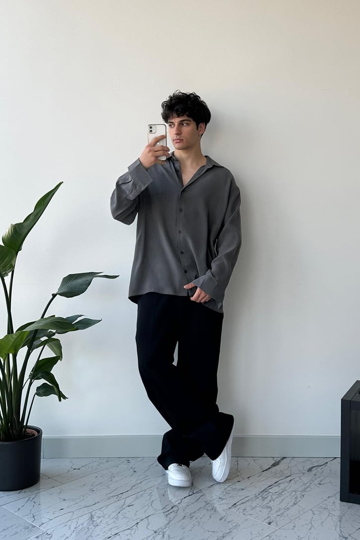 Basic Füme Uzun Kol Oversize Gömlek