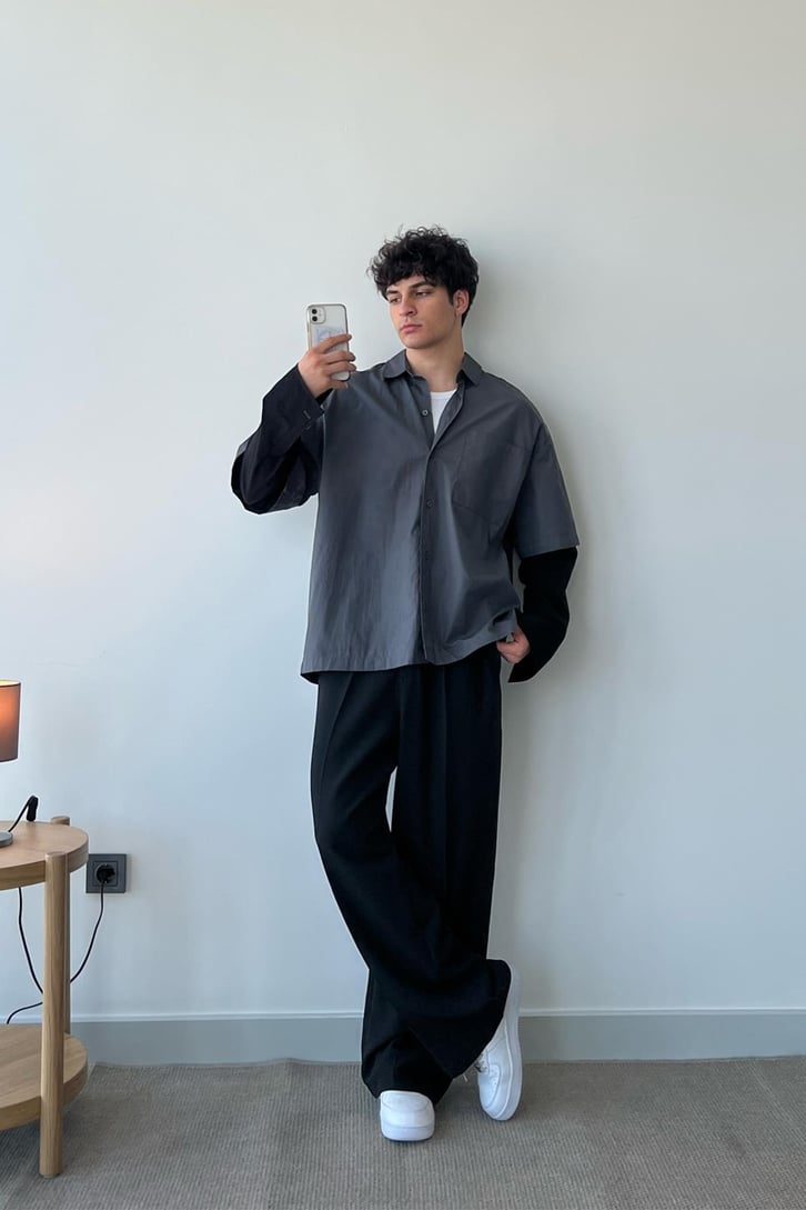 Basic Füme Uzun Kol Oversize Gömlek