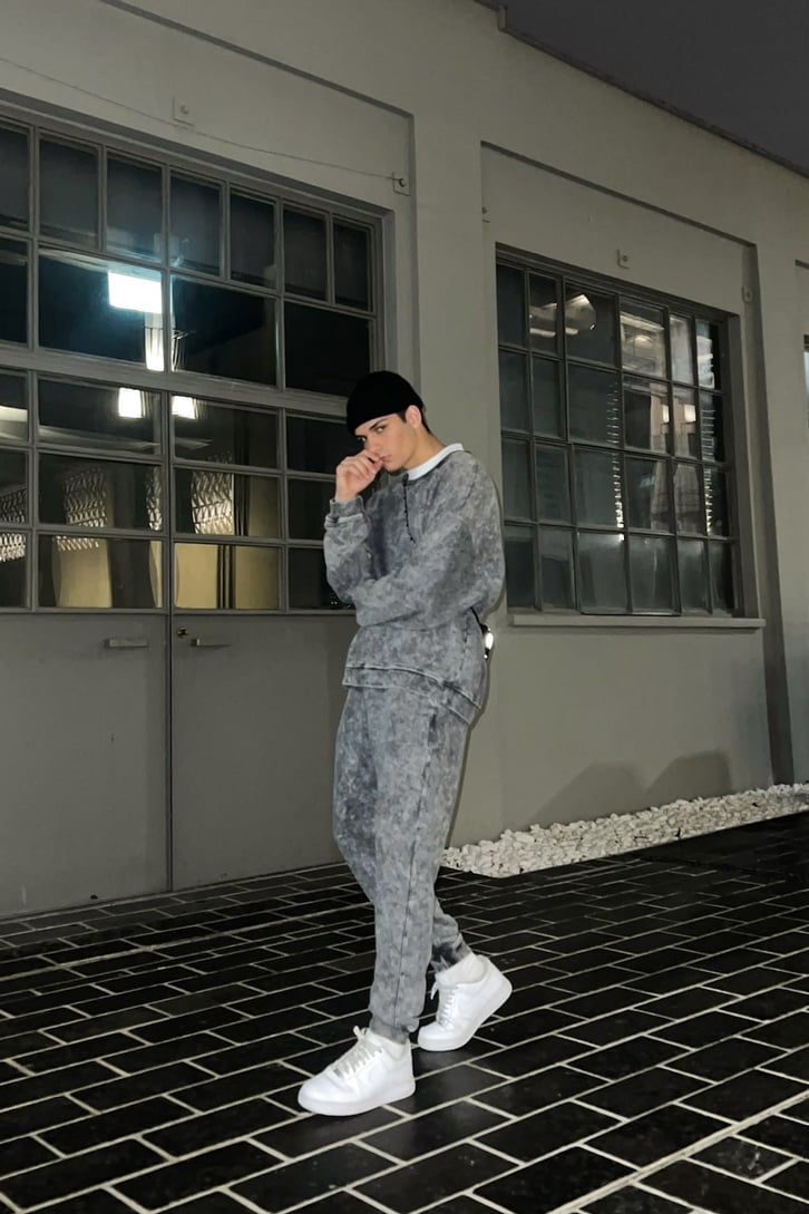 Basic Gri Acid Wash Outfit Eşofman Takımı