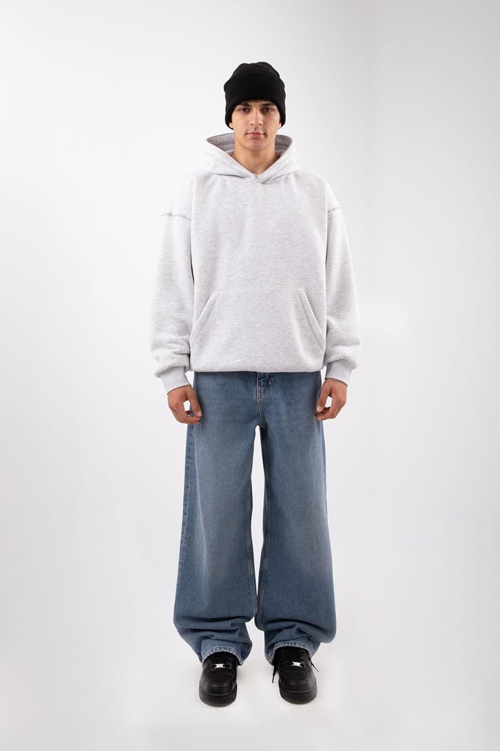 Basic Gri Melanj Oversize Hoodie