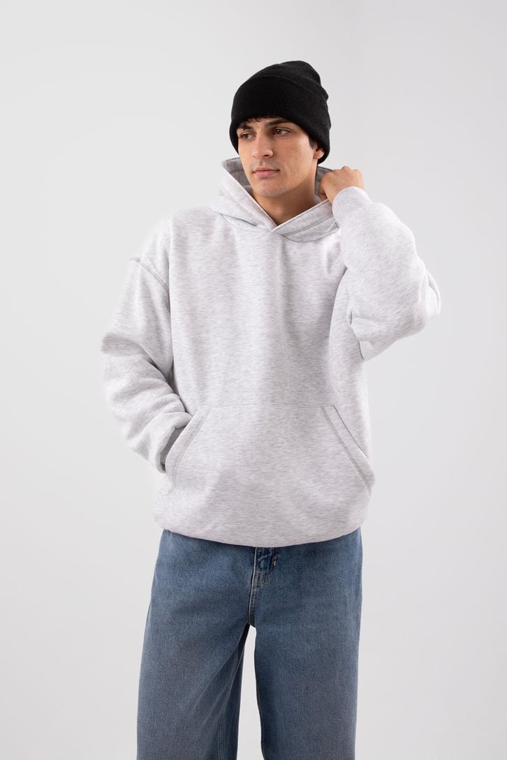 Basic Gri Melanj Oversize Hoodie