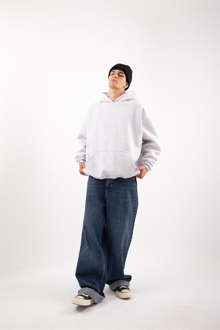 Basic Gri Melanj Oversize Hoodie