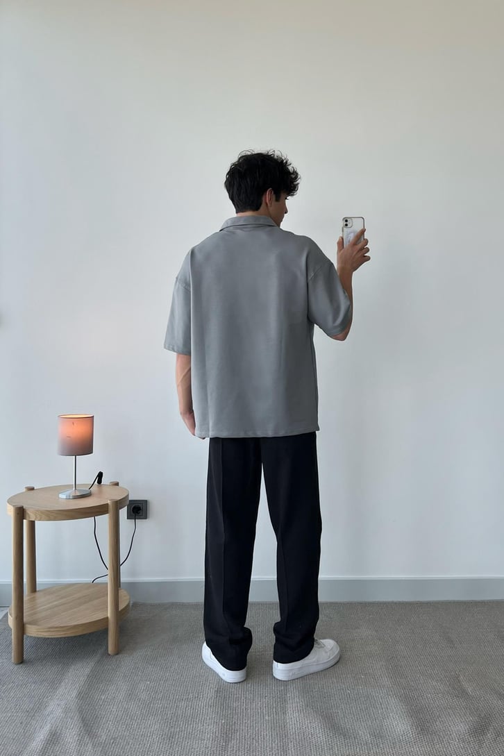 Basic Gri Polo Yaka Oversize Tişört