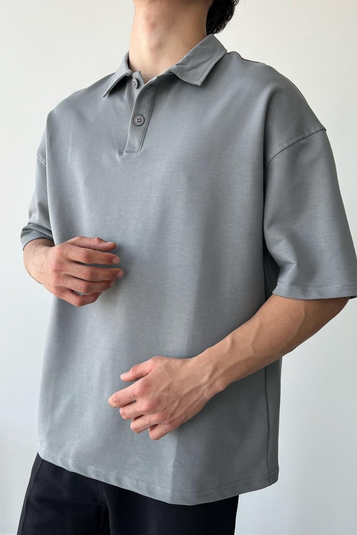 Basic Gri Polo Yaka Oversize Tişört
