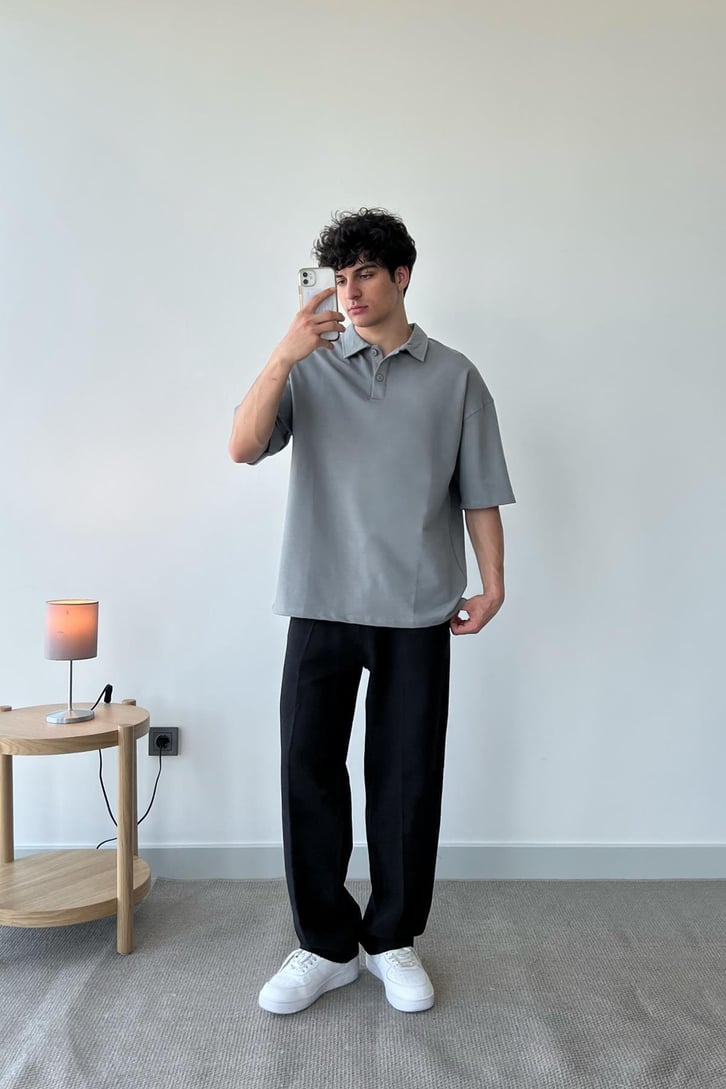 Basic Gri Polo Yaka Oversize Tişört