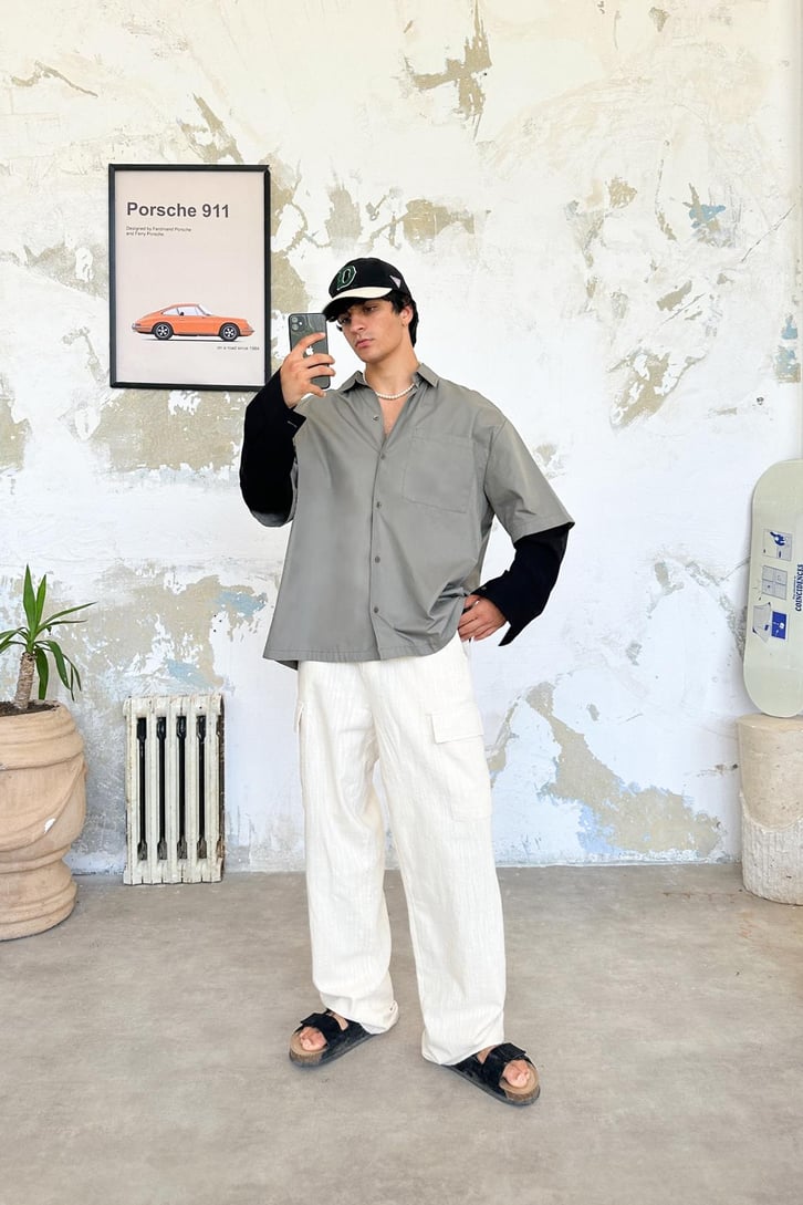 Basic Haki Uzun Kol Oversize Gömlek