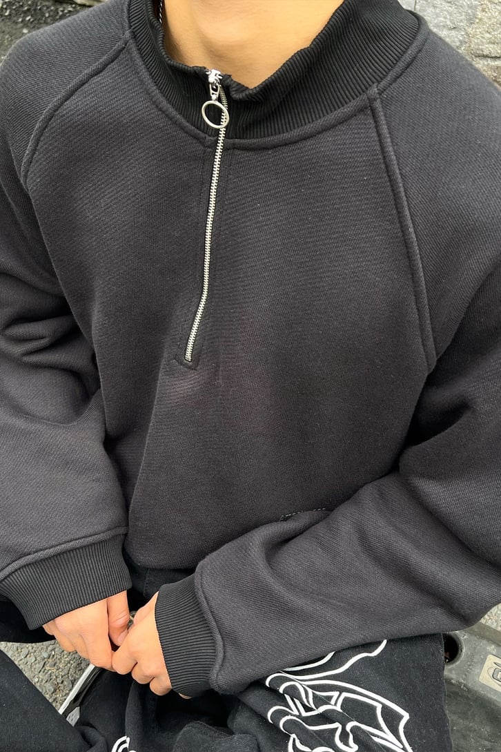 Basic Half-Zip Siyah Oversize Sweatshirt