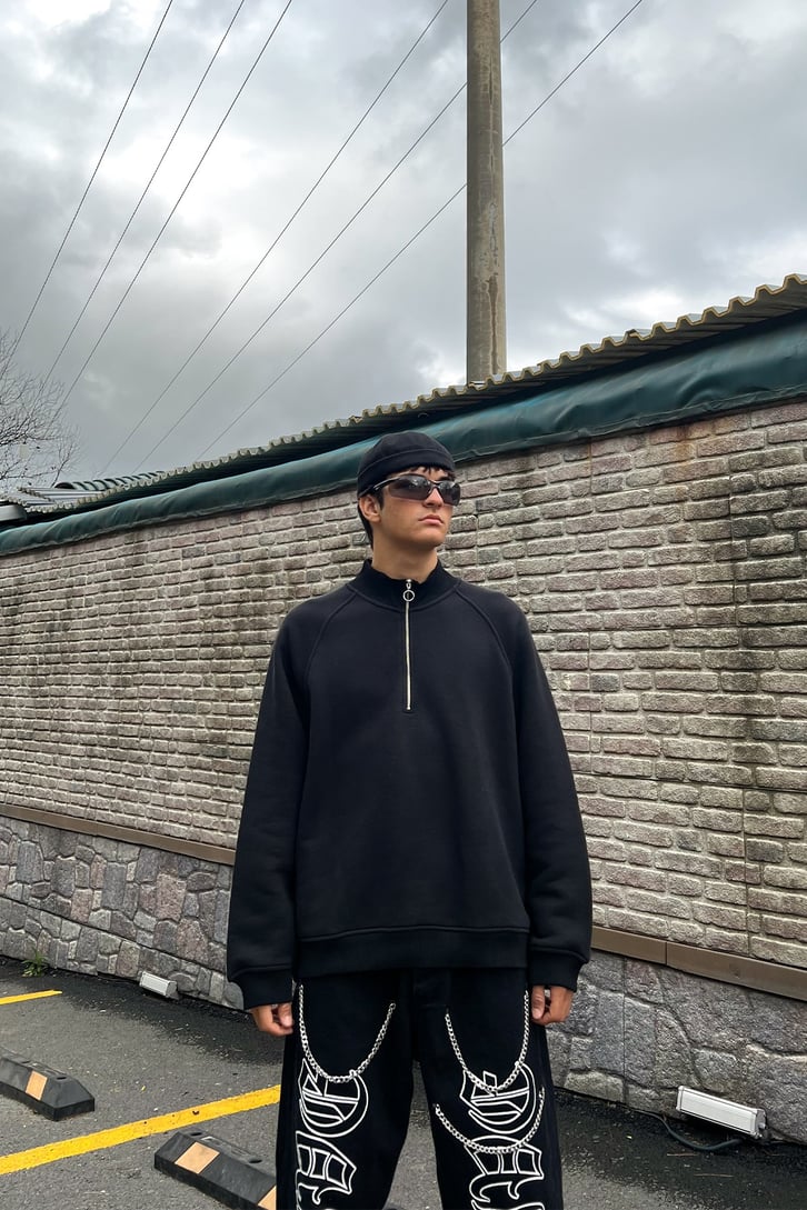 Basic Half-Zip Siyah Oversize Sweatshirt