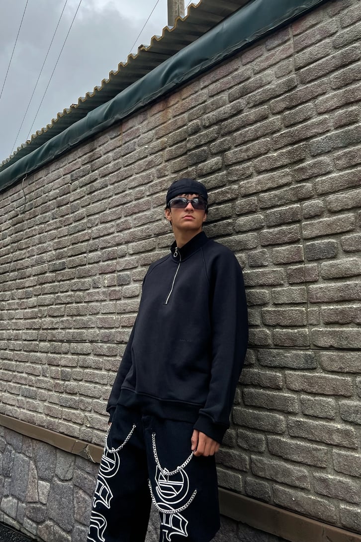 Basic Half-Zip Siyah Oversize Sweatshirt