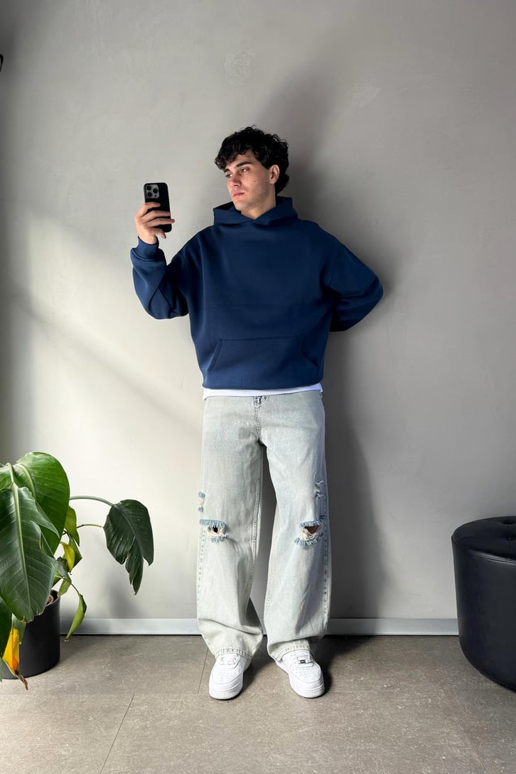 Basic İndigo Oversize Hoodie