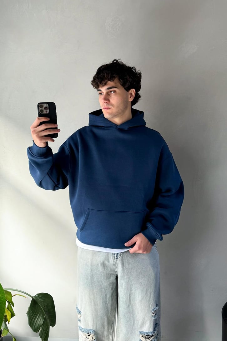 Basic İndigo Oversize Hoodie