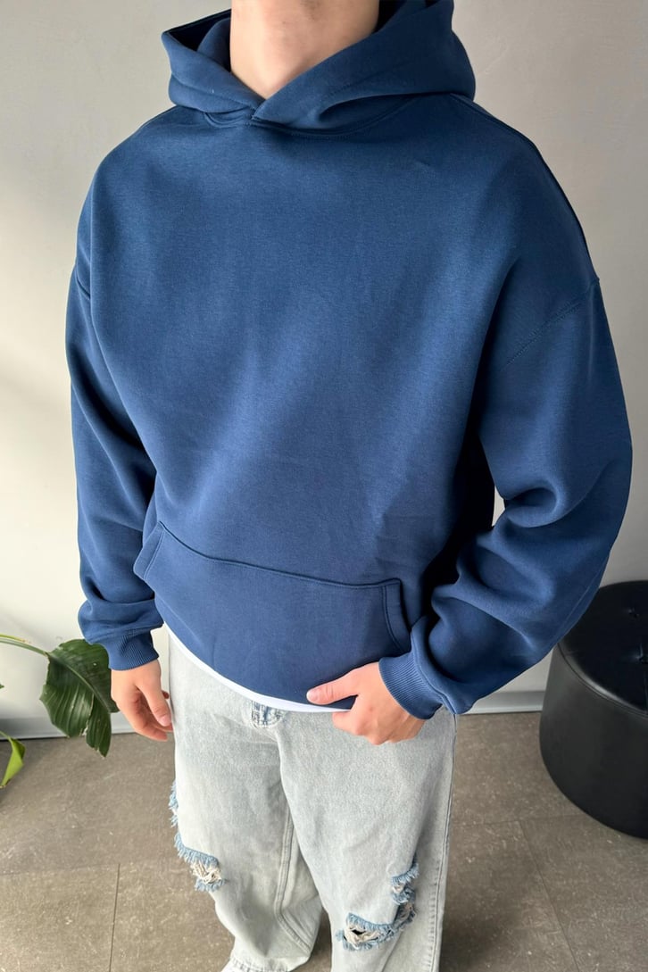 Basic İndigo Oversize Hoodie