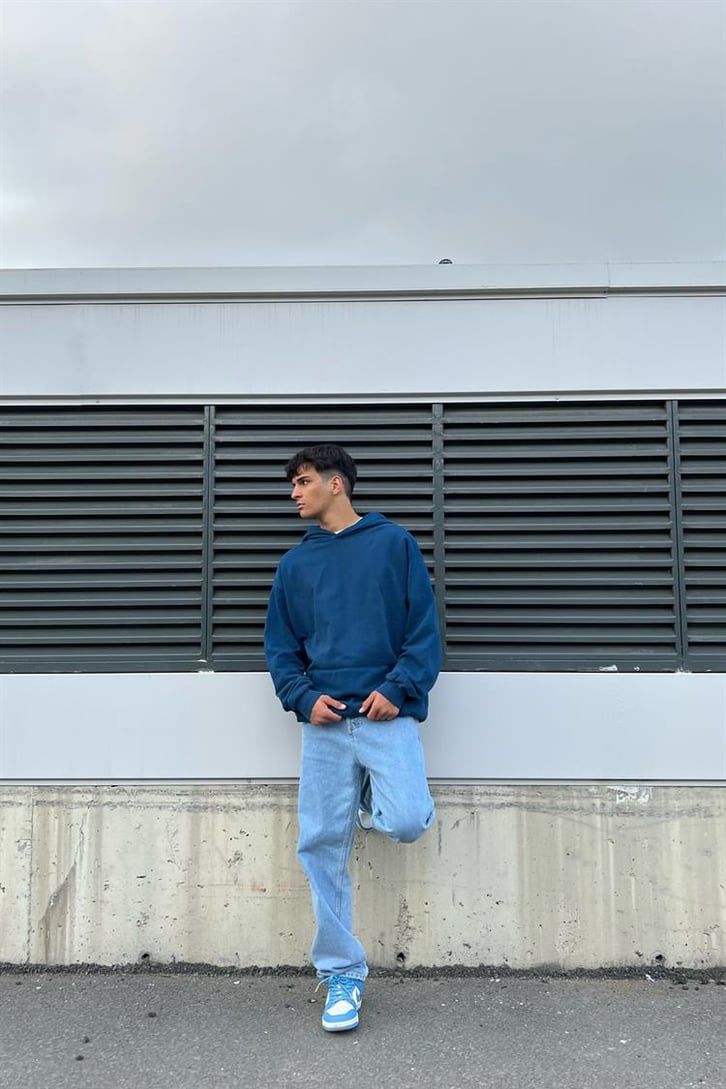 Basic İndigo Pamuklu Oversize Hoodie