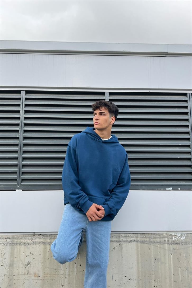 Basic İndigo Pamuklu Oversize Hoodie