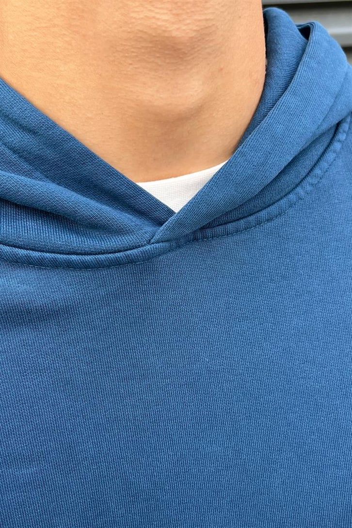 Basic İndigo Pamuklu Oversize Hoodie