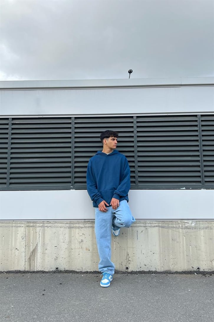 Basic İndigo Pamuklu Oversize Hoodie
