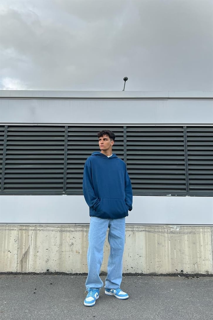 Basic İndigo Pamuklu Oversize Hoodie