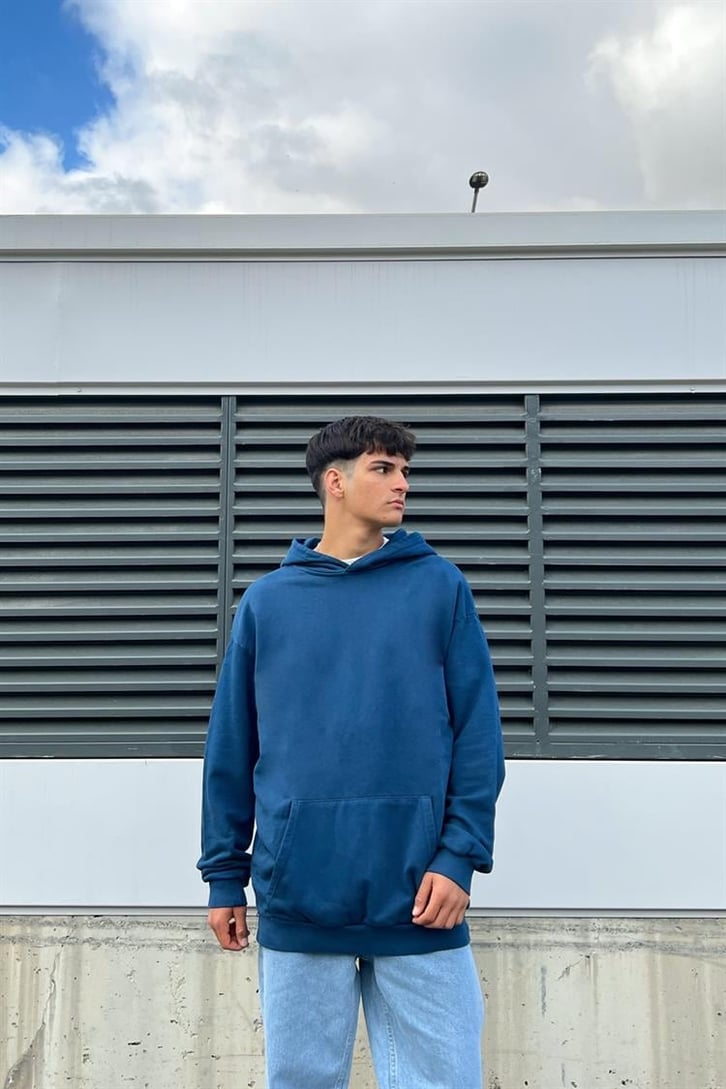 Basic İndigo Pamuklu Oversize Hoodie
