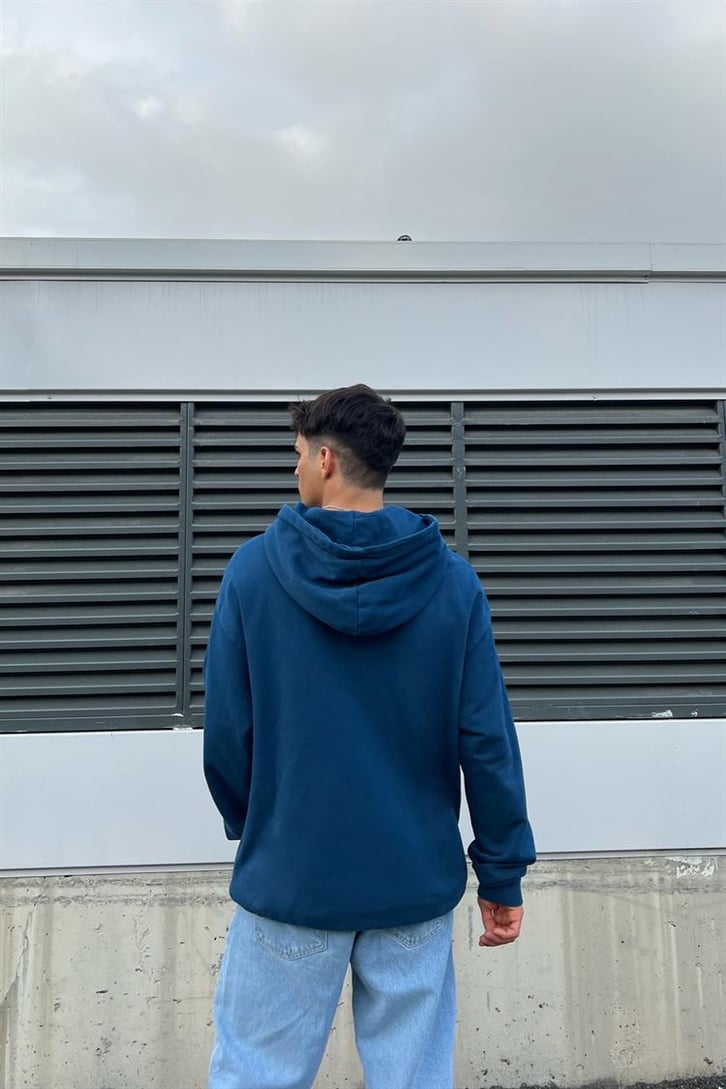 Basic İndigo Pamuklu Oversize Hoodie