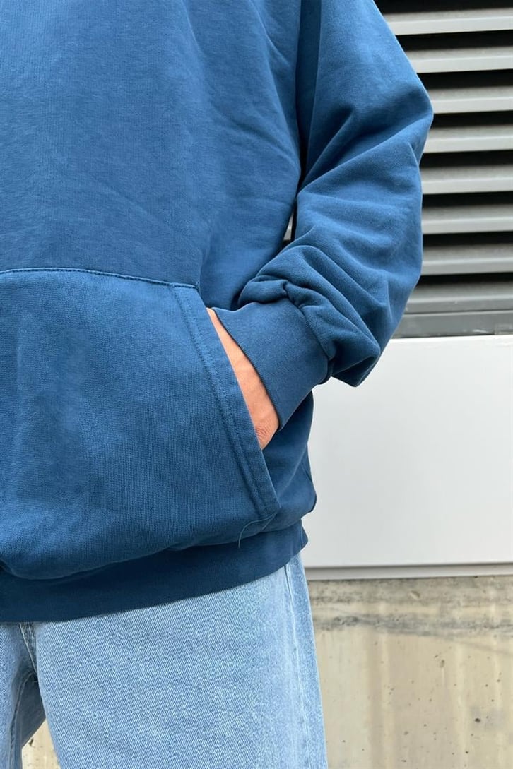 Basic İndigo Pamuklu Oversize Hoodie