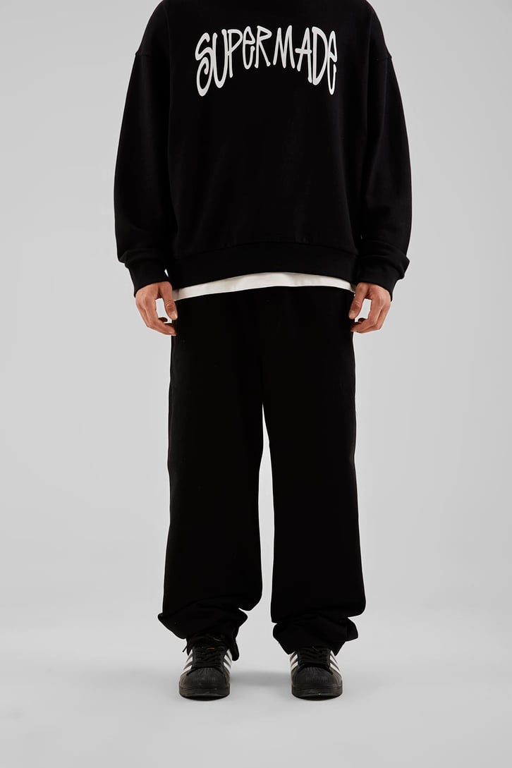Basic İp Detaylı Siyah Baggy Pantolon