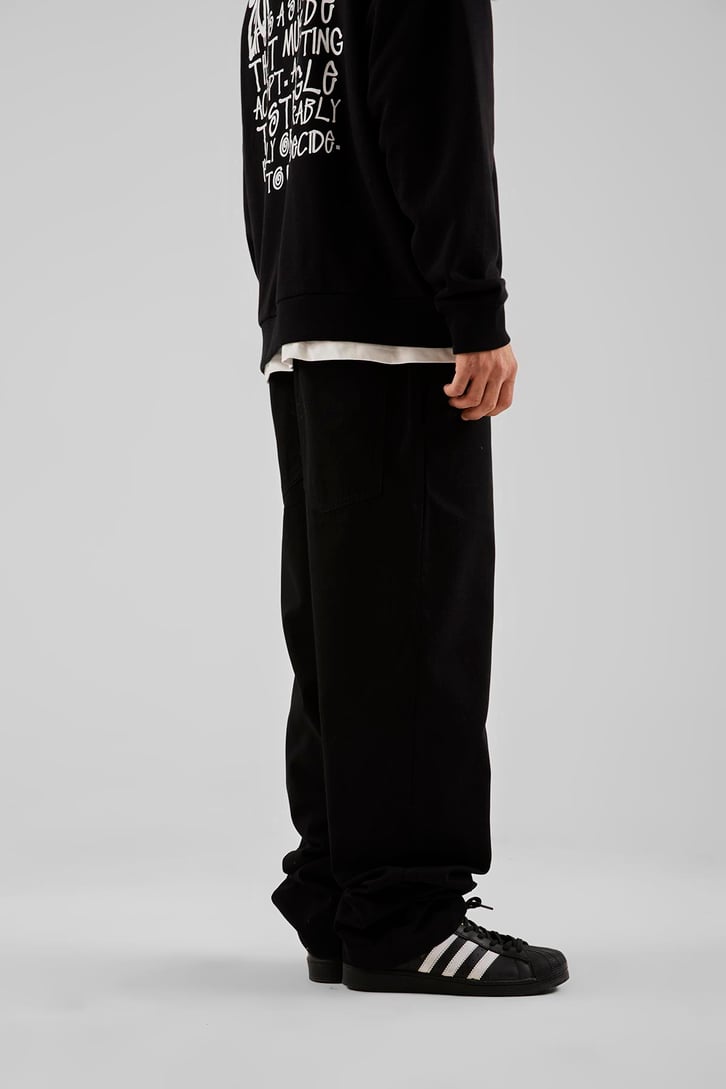 Basic İp Detaylı Siyah Baggy Pantolon