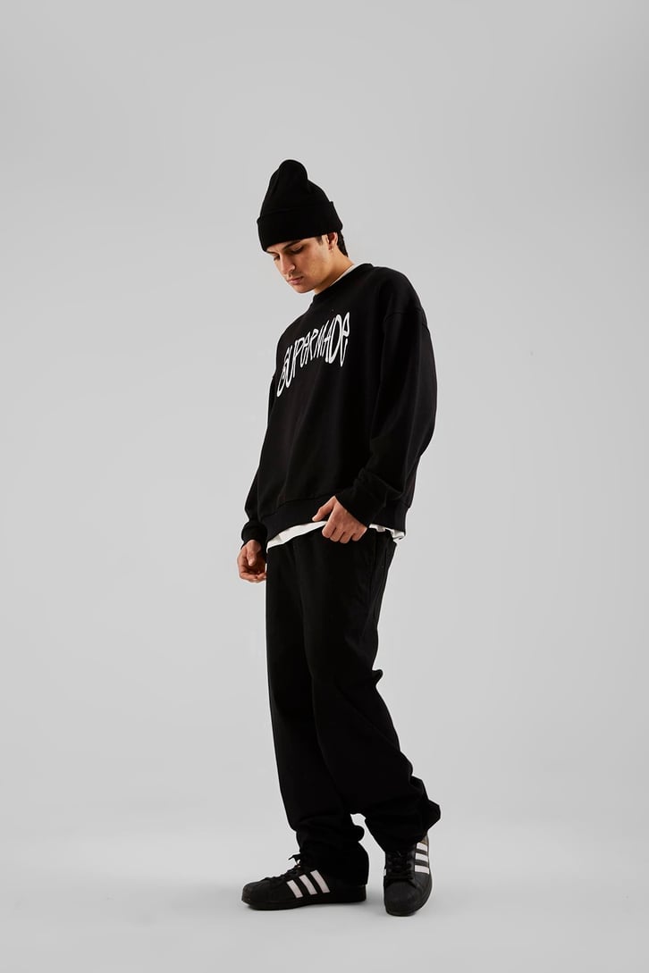 Basic İp Detaylı Siyah Baggy Pantolon