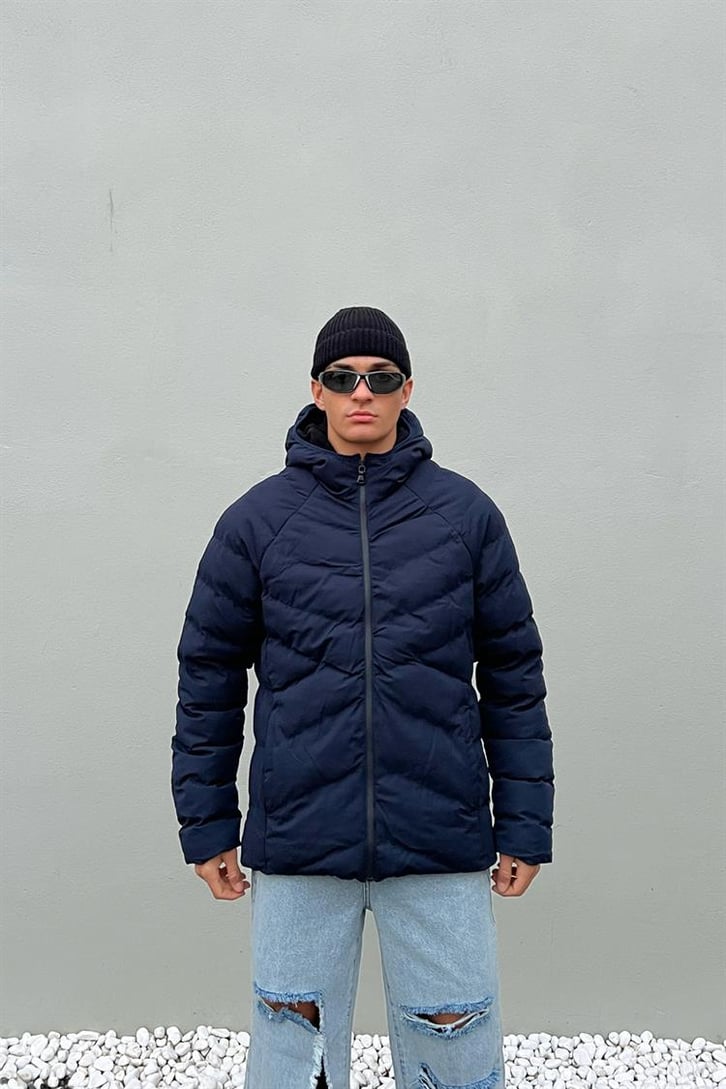 Basic Kapüşonlu Lacivert Puffer Mont