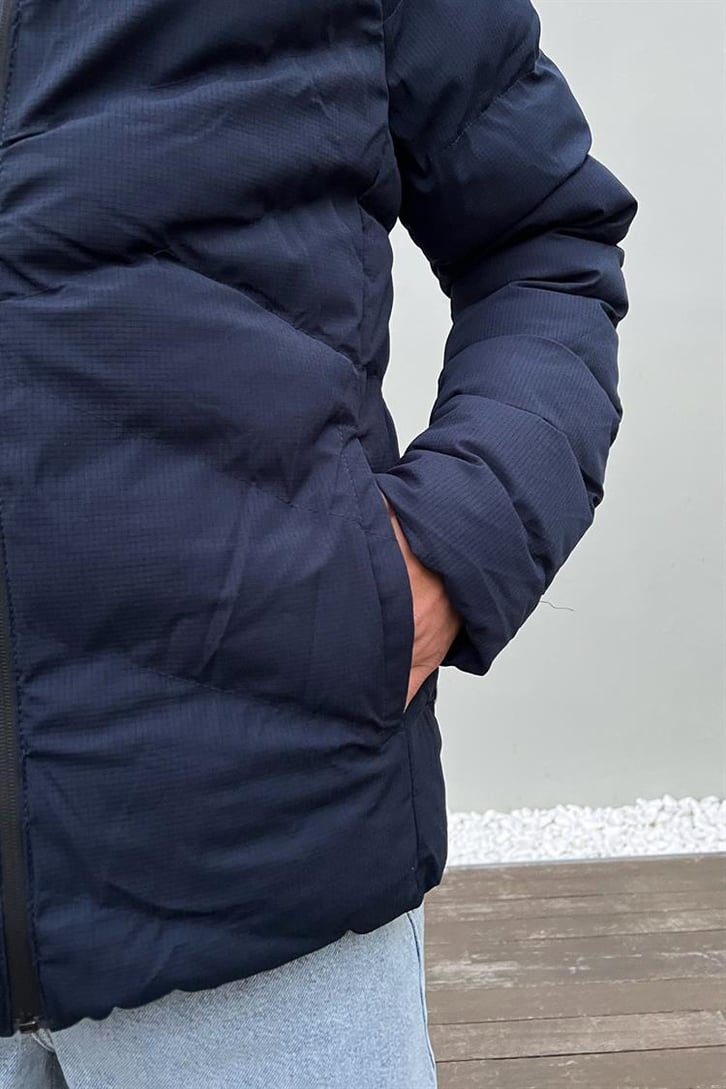Basic Kapüşonlu Lacivert Puffer Mont