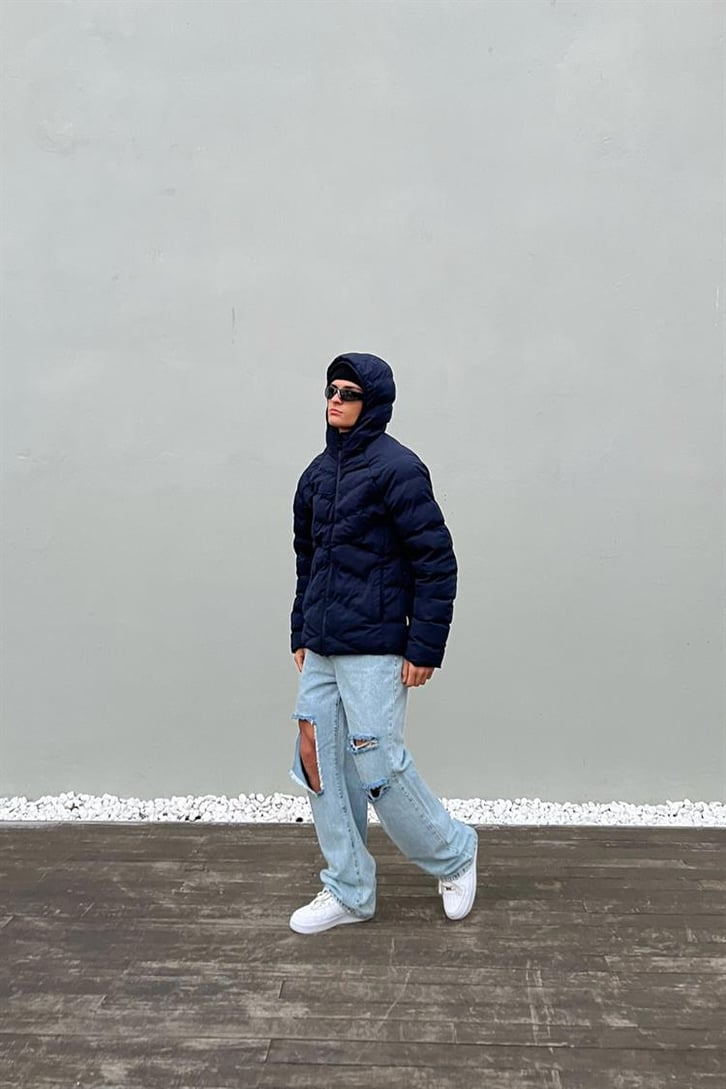 Basic Kapüşonlu Lacivert Puffer Mont