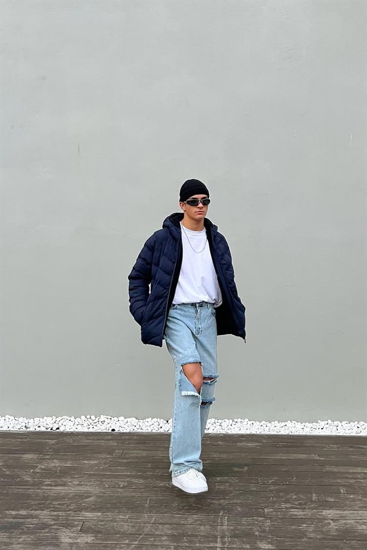 Basic Kapüşonlu Lacivert Puffer Mont
