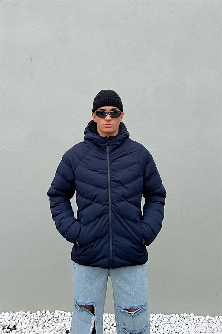 Basic Kapüşonlu Lacivert Puffer Mont