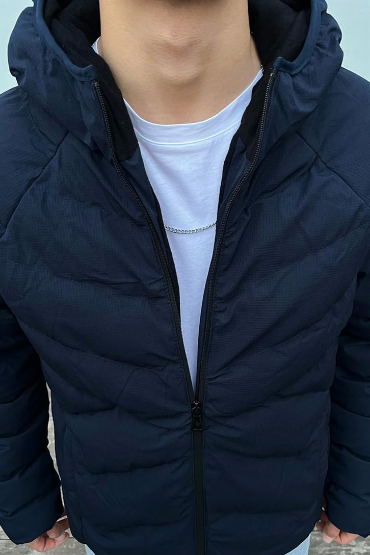 Basic Kapüşonlu Lacivert Puffer Mont