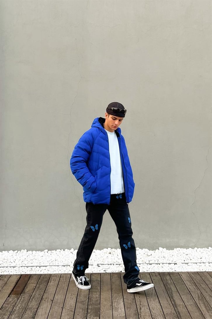 Basic Kapüşonlu Saks Mavisi Puffer Mont