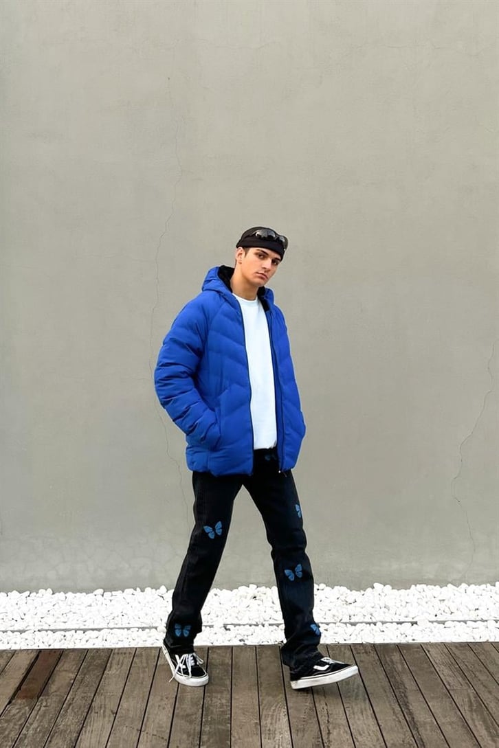 Basic Kapüşonlu Saks Mavisi Puffer Mont