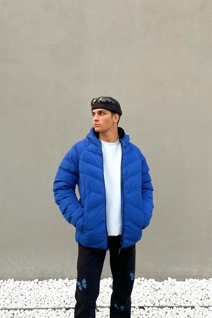 Basic Kapüşonlu Saks Mavisi Puffer Mont